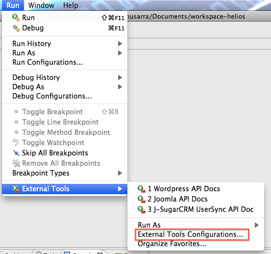 Menu di accesso alla funzione di creazione e configurazione External Tools.