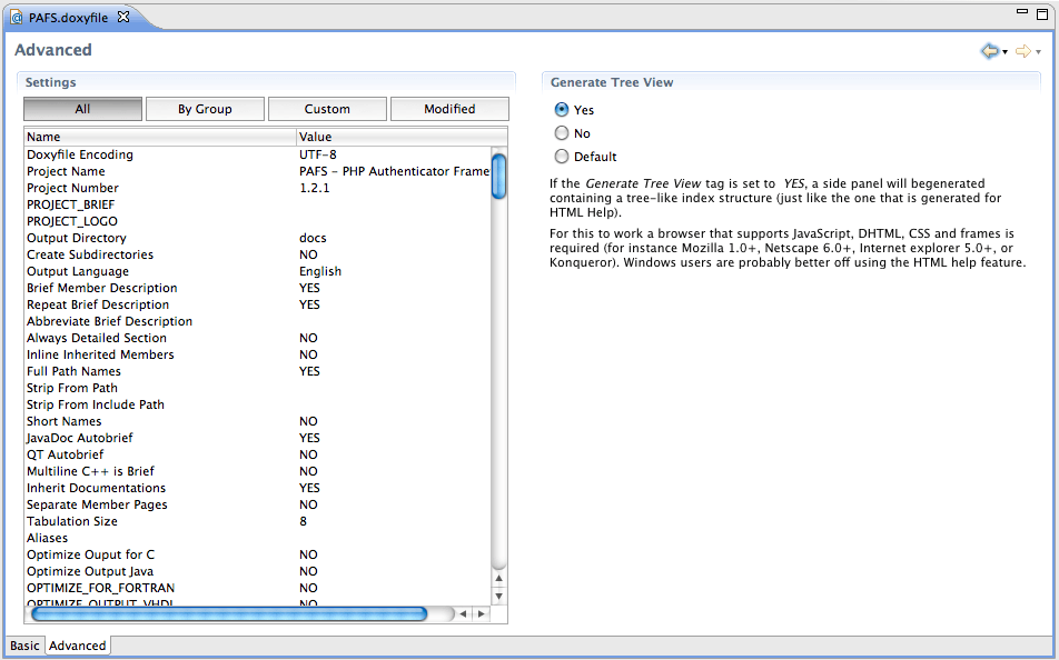 Figura 6 Interfaccia (advanced mode) per l’editing del Doxyfile.