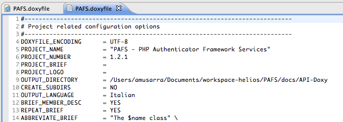 Figura 7 Doxyfile aperto con il semplice editor di testo di Eclipse.