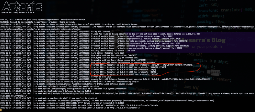 Figure 7 - View the logs of the ActiveMQ Artemis Docker container