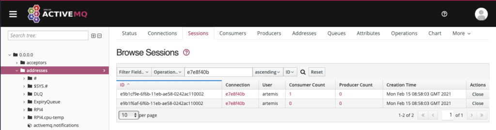 Figure 11 - Browse the Session on the ActiveMQ Artemis
