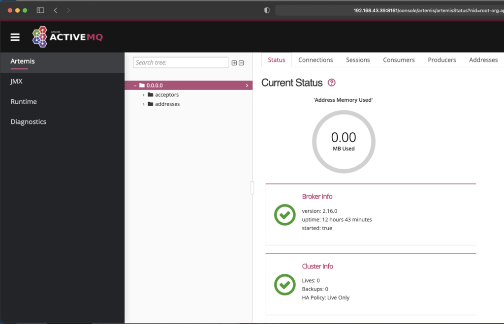 Figure 9 - ActiveMQ Artemis view current status