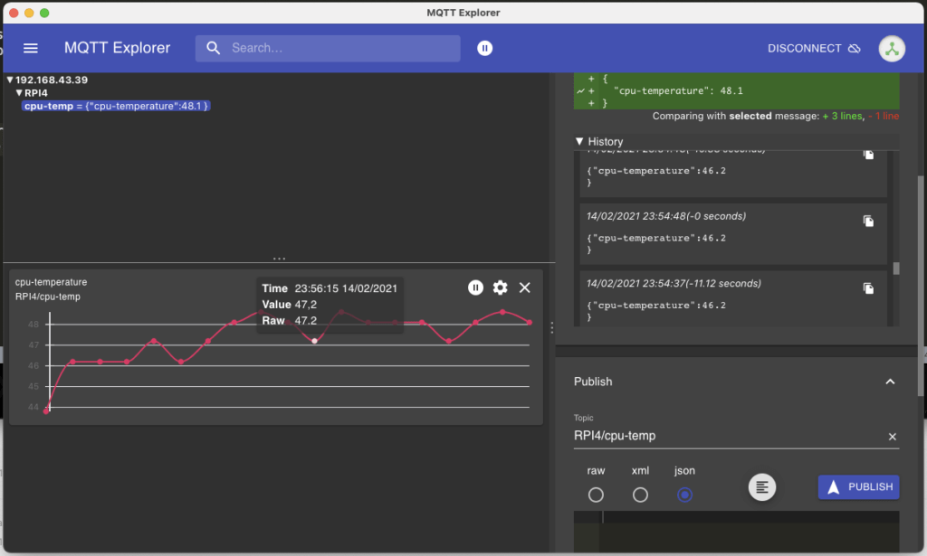 Figure 16 - MQTT Explorer view data on the RPI4.cpu-temp