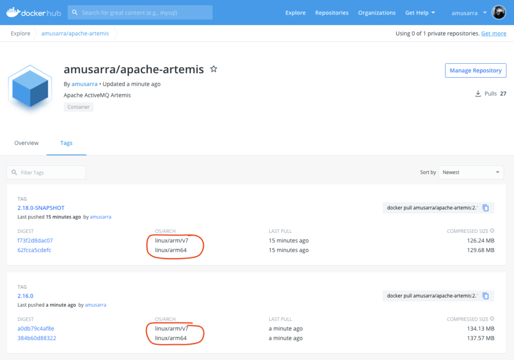 Figure 3 - The content of the Docker Hub repository amusarra/apache-artemis after build and push