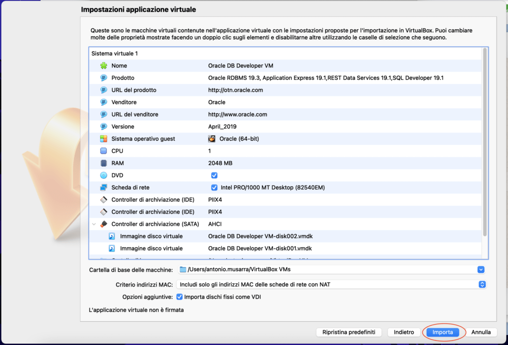 Figura 4 - Secondo step d'importazione Virtual Appliance: riepilogo informazioni di dettalio della VA e start importazione