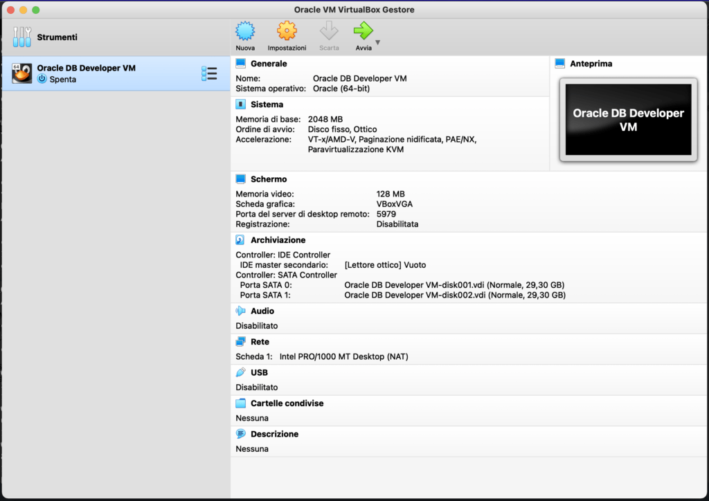 Figura 6 - Macchina virtuale Oracle DB Developer VM importata