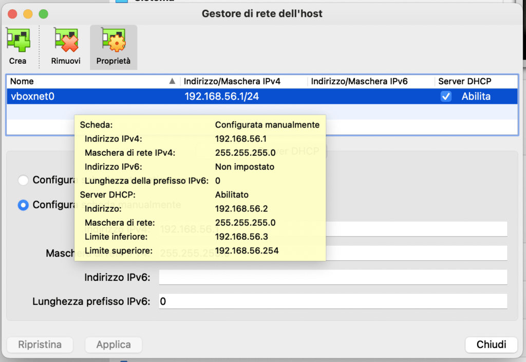 Figura 8 - Nuova rete host 192.168.56.1/24 con DHCP attivo