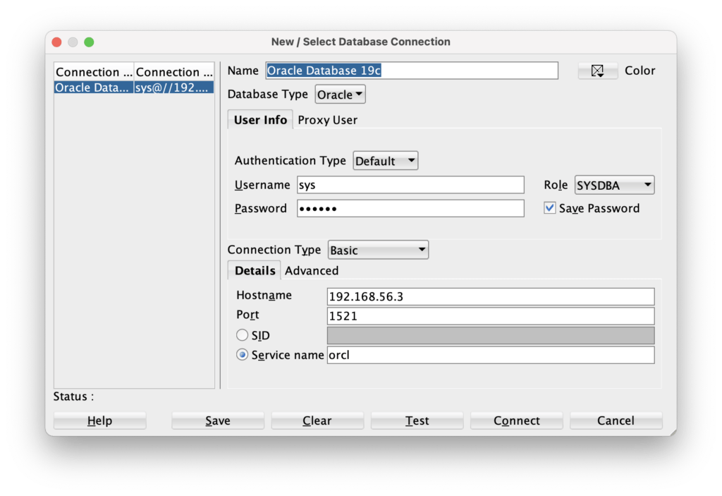 Figure 19 - Setup of the connection from the Oracle database