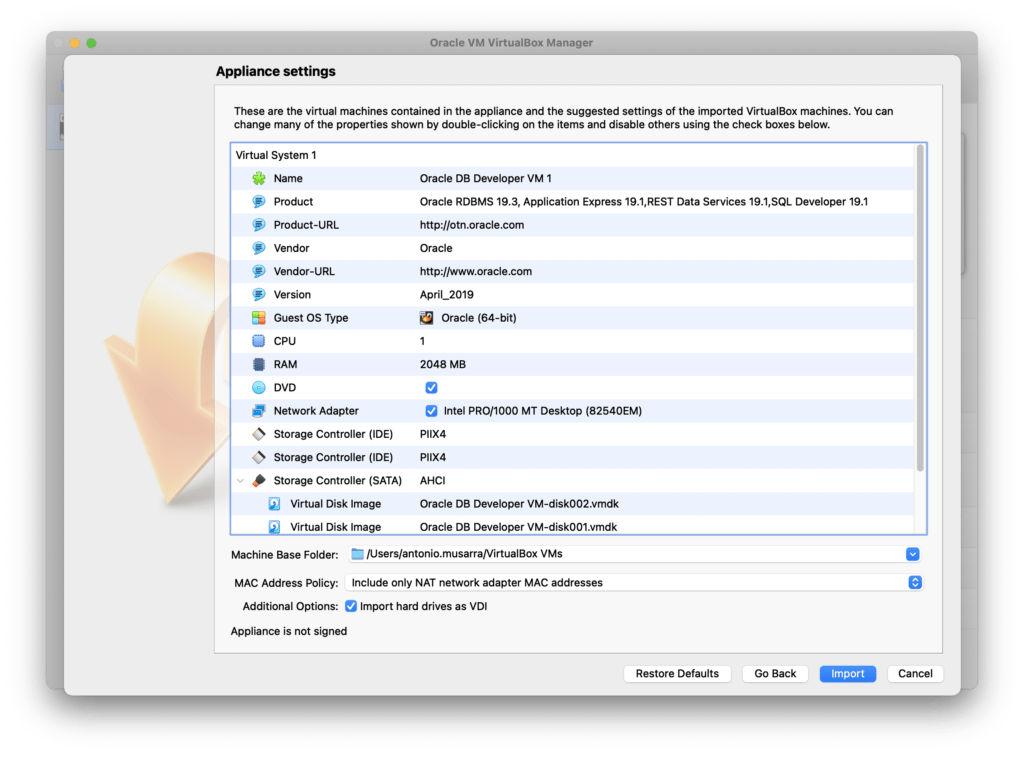 Figure 4 - Second step of Virtual Appliance import: summary of detailed information of the VA and start import