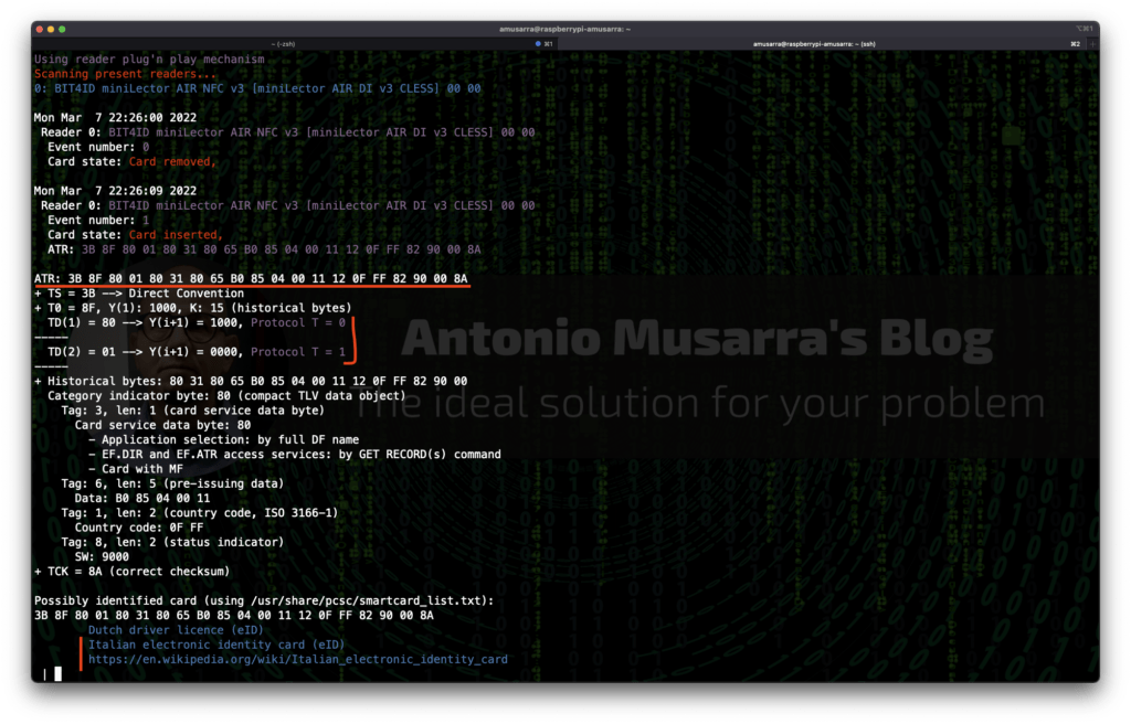 Figura 12 - Esempio di output del comando pcsc_scan che mostra le informazioni estratte dalla Smart Card, in questo caso CIE