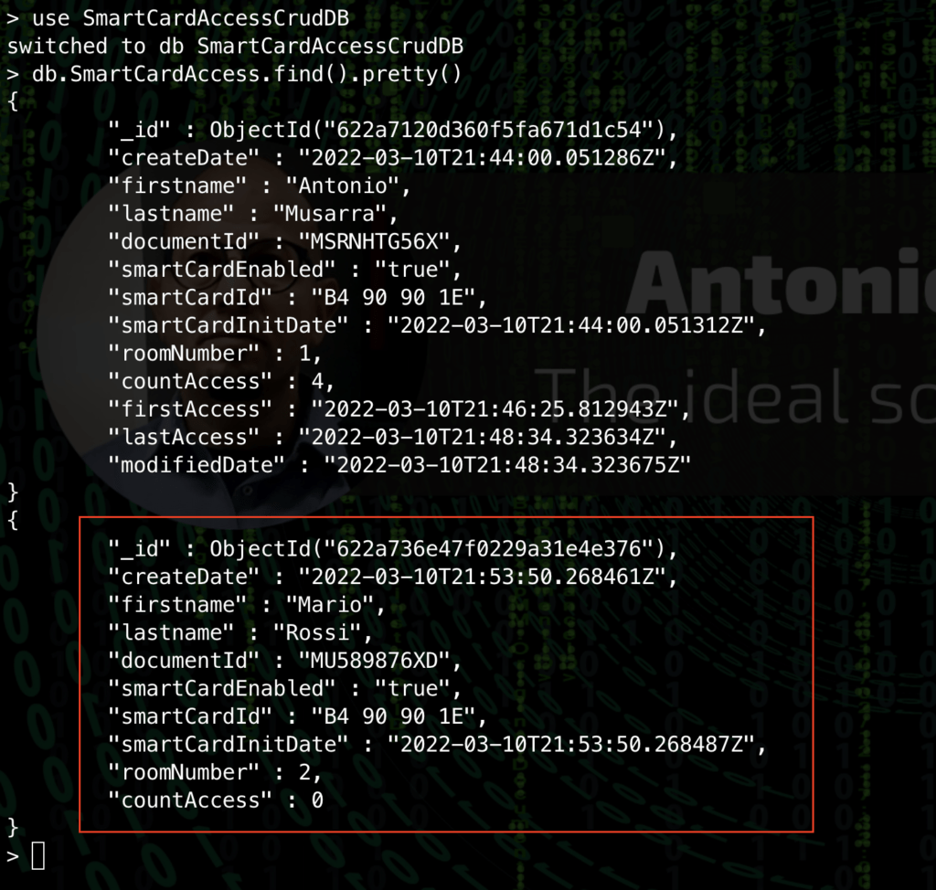 Figura 28 - Documento registrato su MongoDB a fronte del processo di registrazione Smart Card